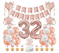 Guoguonb Rose Gold 32nd Birthday Decoration Set 32 Year Birthday Decoration Happy Birthday Banner Balloons Cake Topper Cake Decoration for Girls Madame Women Birthday