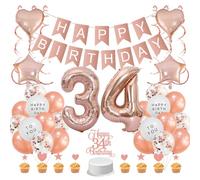 Guoguonb Rose Gold 34th Birthday Decoration Set 34 Year Birthday Decoration Happy Birthday Banner Balloons Cake Topper Cake Decoration for Girls Madame Women Birthday