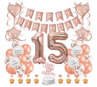 Guoguonb Rose Gold Birthday Decoration Number 15 Balloon Happy Birthday Banner Balloons Cake Topper Cake Decoration for Girl Women 15th Birthday