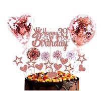Guoguonb Rose Gold Cake Decoration Happy 39th Birthday 39 Years Girls Boys Cake Decoration Heart Star Balloon Glitter Cake Topper for 39th Birthday Party Cake Decoration