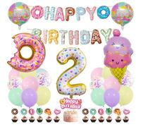 Guoguonb Sweet Themes 2nd Birthday Party Decoration Set - Donut Print Balloon, Ice Cream Cupcake Topper, Cake Decoration, Happy Birthday Banner for 2 Year Old Kids