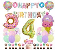 Guoguonb Sweet Themes 4th Birthday Party Decoration Donut Print Balloon Ice Cream Cupcake Topper Cake Decorations Happy Birthday Banner for Kids