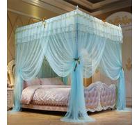 GUOIOOI Canopy Bed Curtains 4 Corners Post Princess Double-layer ruffles Lace Square Sheer Canopy- 4-Side Open-for Queen/Full Romantic Bedroom Decor(Cyan,Queen/1.8x2M)