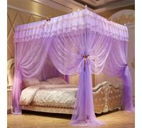 GUOIOOI Canopy Bed Curtains 4 Corners Post Princess Double-layer ruffles Lace Square Sheer Canopy- 4-Side Open-for Queen/Full Romantic Bedroom Decor(Purple,Cal.King/1.8x2.2M)