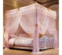 GUOIOOI Canopy Bed Curtains 4 Corners Post Princess Double-layer ruffles Lace Square Sheer Canopy- 4-Side Open-for Queen/Full Romantic Bedroom Decor(Light pink,Cal.King/1.8x2.2M)