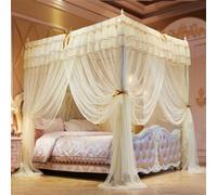 GUOIOOI Canopy Bed Curtains 4 Corners Post Princess Double-layer ruffles Lace Square Sheer Canopy- 4-Side Open-for Queen/Full Romantic Bedroom Decor(Yellow,Queen/1.8x2M)