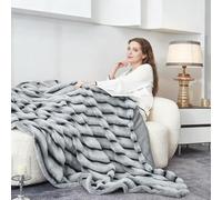 GUOIOOI Faux Fur Throw Blanket, Cozy Fuzzy Plush stripe Faux Rabbit Throw Blanket for Couch, Sofa, Bedroom, Camping Reversible Thick Plush Warm Fluffy Blankets for Winter(Light gray,220x240cm)