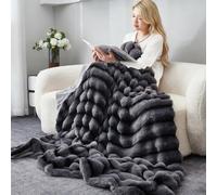 GUOIOOI Faux Fur Throw Blanket, Cozy Fuzzy Plush stripe Faux Rabbit Throw Blanket for Couch, Sofa, Bedroom, Camping Reversible Thick Plush Warm Fluffy Blankets for Winter(Dark gray,150x200cm)
