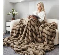 GUOIOOI Faux Fur Throw Blanket, Cozy Fuzzy Plush stripe Faux Rabbit Throw Blanket for Couch, Sofa, Bedroom, Camping Reversible Thick Plush Warm Fluffy Blankets for Winter(Brown,180x220cm)