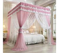 GUOIOOI Luxury Canopy Pink Queen Size,4 Corners Post Double Layer Bright Colors Ruffle Romantic Princess Cozy Drape Netting 4 Opening for Girls Bedroom Decoration(Light purple,King/79x87in)
