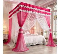 GUOIOOI Luxury Canopy Pink Queen Size,4 Corners Post Double Layer Bright Colors Ruffle Romantic Princess Cozy Drape Netting 4 Opening for Girls Bedroom Decoration(Rose red,Full/59x79in)