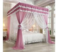 GUOIOOI Luxury Canopy Pink Queen Size,4 Corners Post Double Layer Bright Colors Ruffle Romantic Princess Cozy Drape Netting 4 Opening for Girls Bedroom Decoration(Dark purple,Full/59x79in)