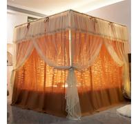 GUOIOOI Pink Canopy Bed Curtains Queen Size,Princess Double-Layer Lace Fashionable Light and Shadow Hollow Bed Curtain Elegant for Girls and Adults Bedroom Decoration(Yellow,Queen/71x79in)