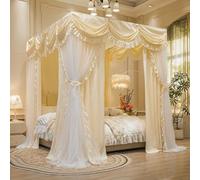 GUOIOOI Romantic Pink Lace Princess Bed Canopy with Double Layer Curtains, Elegant Ruffled Drapes for Four Poster Queen Size Beds, Cozy & Dreamy Bedroom Decor(Yellow,FULL/1.5x2M)