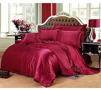 GUOJM Four-piece bed,Satin Silk Bedding Sets Duvet Cover Flat Fitted Sheet Twin Full Queen 4pcs linen set Black 100% Gold-09-King Flat 4pcs