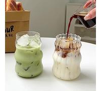 GUOJOZO 2 Pcs Ribbed Glass Cups 18 Oz Vintage Drinking Glassware Ripple Cocktail Glasses for Iced Coffee Juice Beverage Milk