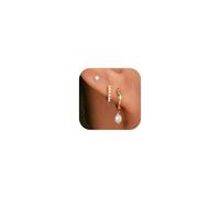 GUOKE 3 Pairs 14K Gold Plated Small Butterfly Heart Star Moon Knot Four Leaf Rhombus Round CZ Pearl Hoop Earrings for Women Fashion, Brass, Pearl