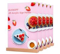 GUOKOFF A5 Acrylic Sign Holder, 5 Pack Table Menu Holders, T- Shape A5 Table Stands, Vertical Poster Holder, Display Stands with Wooden Base for Restaurant Hotel Bar