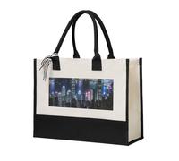GUOLGP Aerial Night Of View Hong Kong Print Canvas Tote Bag For Women For Beach Travel School Office Daily Use Shopping Bags