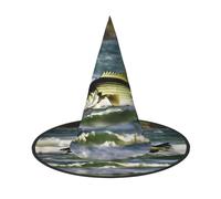 GUOLGP Bass Fishing Wave Print Stylish Halloween Witch Hat For Parties Carnivals And Cosplay Lightweight Foldable