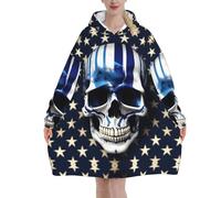 GUOLGP Blue Stripe Stars Skull Print Cozy Oversized Blanket Hoodie Xmas Adults Warm Winter Gift Snuggie With Pocket