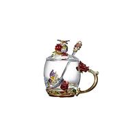 Guon-Wuvl Flower Teacup Transparent Glass Teacup, (With Spoon + Lid), Fancy Tea Cups,Tea Cup Gift, Gifts for Women,Mother's Day Present. (Rose Red Short Cup)