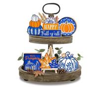 Guoofu 7 Pcs Happy Fall Y'all Chinoiserie Tiered Tray Decor, Autumn Blue and White Porcelain Pumpkin Farmhouse Wood Decorations Set, Maple Leaves Rustic Wooden Decorative Signs for Home Table Shelf