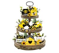 Guoofu Bee Tiered Tray Decor, Spring Summer Farmhouse Tiered Tray Decorations, Decorative Bumble Bee Gnome Hive Honey Wooden Signs, Rustic Home Decor for Table Mantel Office Holiday Party