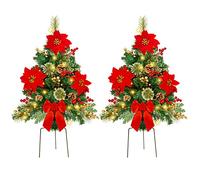 GUOOU Set of 2 30 Inch Pre-Lit Pathway Christmas Trees, Outdoor Christmas Tree Decorations for Porch, Driveway, Yard, Garden, with 60 LED Lights, Poinsettia Flowers, Red Berries, Pine Cones, Red Bow