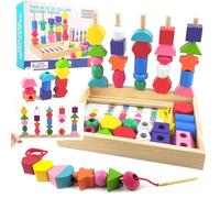 Guopai Montessori 3 in 1 Toy for Kids 2 3 4 Years Old Wooden Beads Thread Sorting Stacking Game Educational Games Fine Motor Development and Hand Eye Coordination (A)