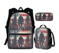Guosanchn 3 Pcs Backpack for Boys Girls Middle Elementary School Bag Bookbag with Lunch Box Pencil Case, American Flag Bigfoot, One Size, Rucksack Backpacks