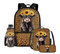 Guosanchn Backpack with Lunch Box Bookbag Lunch Bag Pencil Pen Case Back Pack Lunchbag Water Bottle Holder, Highland Cow Leopard Print B, One Size, Rucksack Backpacks