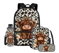 Guosanchn Backpack with Lunch Box Bookbag Lunch Bag Pencil Pen Case Back Pack Lunchbag Water Bottle Holder, Highland Cow Flower B, One Size, Rucksack Backpacks