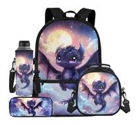 Guosanchn Girls Backpack with Lunch Box Bookbag Lunch Bag Pencil Pouch Water Bottle Holder 4 In 1 Book Bag, Dragon Moon Galaxy Starry Night, One Size, Rucksack Backpacks