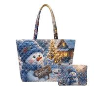 Guosanchn Quilted Tote Bag 2 Piece, Holiday Travel Bag | Xmas quilted tote set with matching mini pouch, zipper closure festive bag for shopping, gifts, travel and everyday use