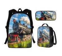 Guosanchn Train Backpack for School Boys 3 In 1 Primary School Bag and Lunch Bag Set with Pencil Case Elementary Middle Bookbag School Bag Packs for Kids Child Girls Daycare School Satchel