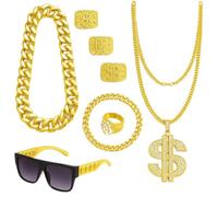 guowanpp Hip Hop Costume Kit 8PCS - Gold Accessories Set with Sunglasses, Fake Gold Chain for 80s 90s Rapper, Costume Jewelry Set for Halloween Party