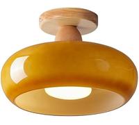 GUOWENHAO Mid Century Modern Semi Flush Mount Ceiling Light Orange Glass Kitchen Close to Ceiling Lamp Wood Amber Shade White Milk Glass Bathroom Lighting Fixture for Bedroom Dining Room Hallway