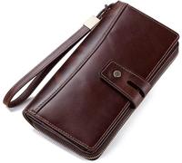 GUOXU Business style wallet Leather Wallet Zipper men's long wallet with booth Men's clutch coin wallet(Coffee)