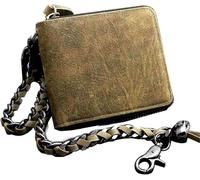 GUOXU Leather Chain Wallet Men Vintage Biker Leather Zipper Coin Money Credit Card Wallet for Men