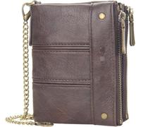 GUOXU Leather Chain Wallet Men's Retro Change Bag Card Bag Double Zipper Buckle Wallet for Men(Coffee)