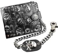 GUOXU Leather Chain Wallet Punk Metal Skull Money Black Men's Leather Wallet with A Chain for Men