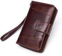 GUOXU Leather Purse Women's Zipper Bag Long Bag Oil Waxed Cowhide Hand Purse Money Clip(D)