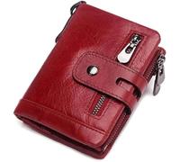GUOXU Vintage Mini Wallet with zipper pocket Men's Leather Wallet Large capacity Stylish Cow leather wallet Pocket Organizer wallet(Red)