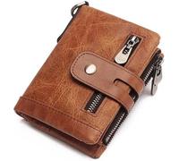 GUOXU Vintage Mini Wallet with zipper pocket Men's Leather Wallet Large capacity Stylish Cow leather wallet Pocket Organizer wallet(Coffee)