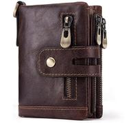 GUOXU Vintage Mini Wallet with zipper pocket Men's Leather Wallet Large capacity Stylish Cow leather wallet Pocket Organizer wallet(Brown)