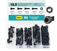 GuoYomm 80 Pcs M6 Socket Head Cap Screws Bolts Nuts Assortment, Black Machine Screws and Nuts Kit, Grade 12.9 Carbon Steel, Lengths: 10mm 20mm 30mm 40mm