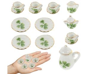 GUOYOU 1:12 Dollhouse Ceramic Tea Set 15 Pack Mini Porcelain Flower Tea Cup Set Dollhouse Accessories Kitchen Miniature Simulation Furniture Set Model for Baby Boy Girl Dollhouses