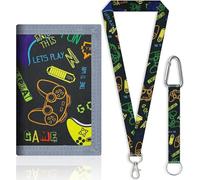 GUOYOU Kids Wallet Tri fold Coin Pocket with Zipper Key Chain and ID Window | Children Neck Pouch Card Holders for Toddler Children Birthday Gifts with Lanyard and Key Chain Holder (Black)