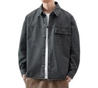 GUOYUXIAO Denim Jacket Fall American Trendy Retro Loose Workwear Turn-Down Collar Shirt for Men-Grey-X-Large